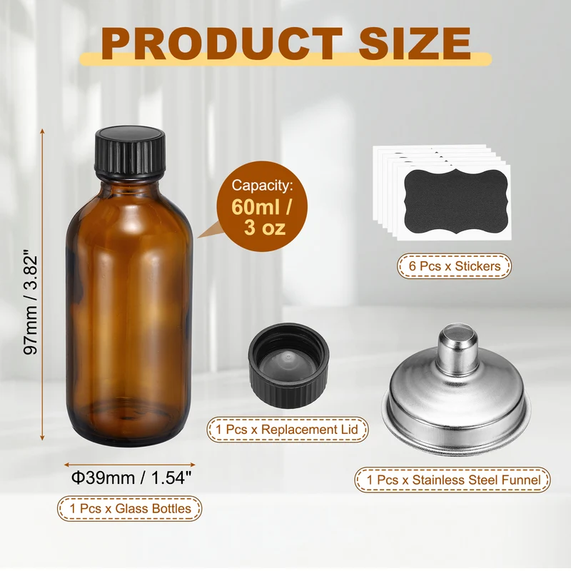 3oz/60ml Round Glass Bottles, Amber Sample Glass Bottle Empty Containers