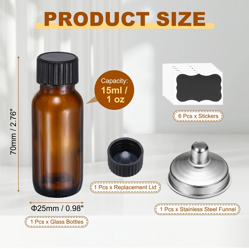 1oz/15ml Round Glass Bottles, Amber Sample Glass Bottle Empty Containers