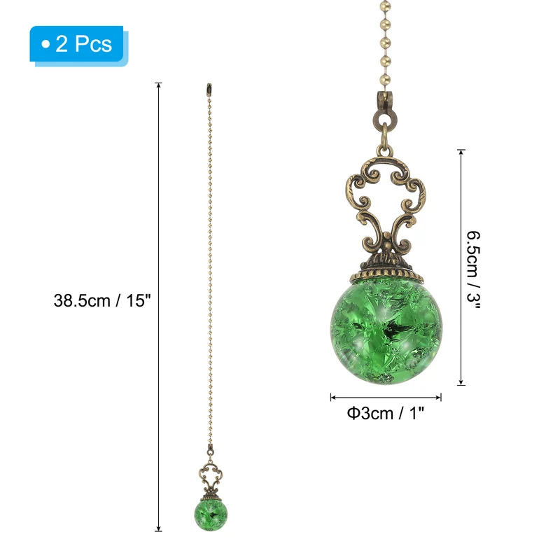 2 Pcs 15" Crystal Ceiling Fan Pull Chain, Green ( Ball)