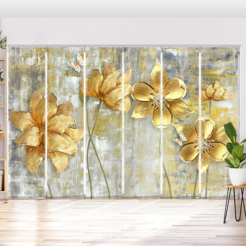 Schiebegardine Motiv "Blumen Gold Schmetterling"