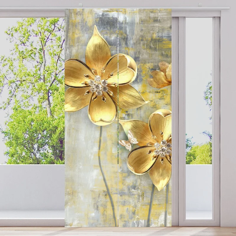 Schiebegardine Motiv "Blumen Gold Schmetterling"