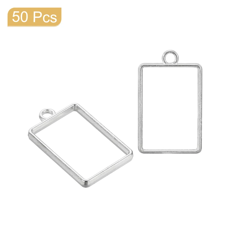 Open Back Bezel Pendants, 50pcs Rectangular Hollow Frame Pendant (Silver)