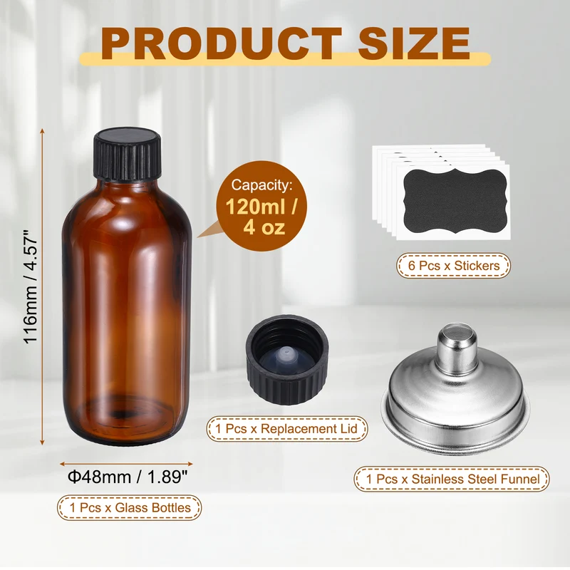 4oz/120ml Round Glass Bottles, Amber Sample Glass Bottle Empty Containers