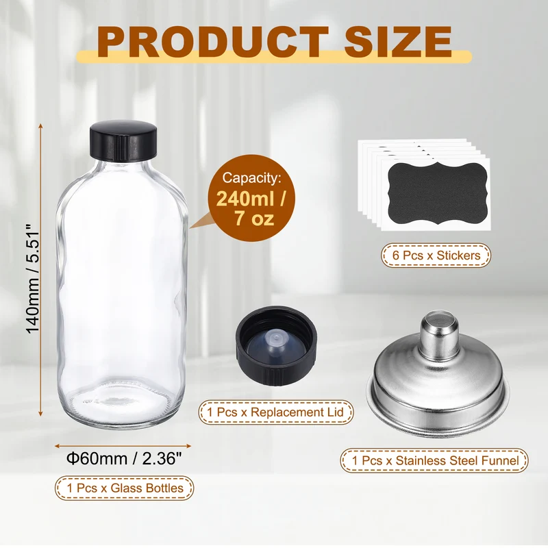 7oz/240ml Round Glass Bottles, White Sample Glass Bottle Empty Containers