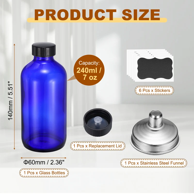 7oz/240ml Round Glass Bottles, Blue Sample Glass Bottle Empty Containers