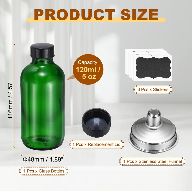 5oz/120ml Round Glass Bottles, Green Sample Glass Bottle Empty Containers