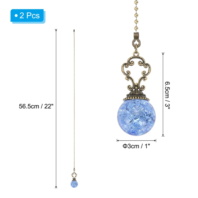 2 Pcs 22" Crystal Ceiling Fan Pull Chain, Light Blue ( Ball)