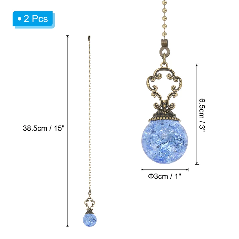 2 Pcs 15" Crystal Ceiling Fan Pull Chain, Light Blue ( Ball)