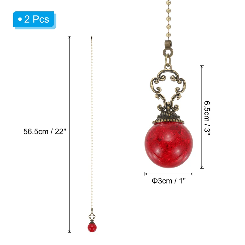 2 Pcs 22" Crystal Ceiling Fan Pull Chain, Red ( Ball)