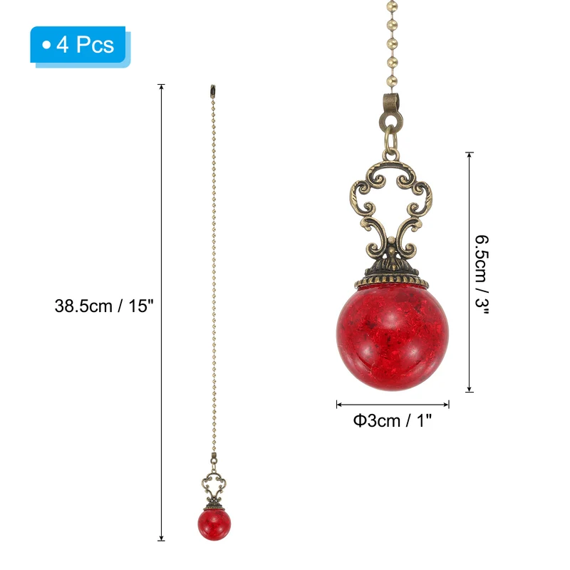 4 Pcs 15" Crystal Ceiling Fan Pull Chain, Red ( Ball)