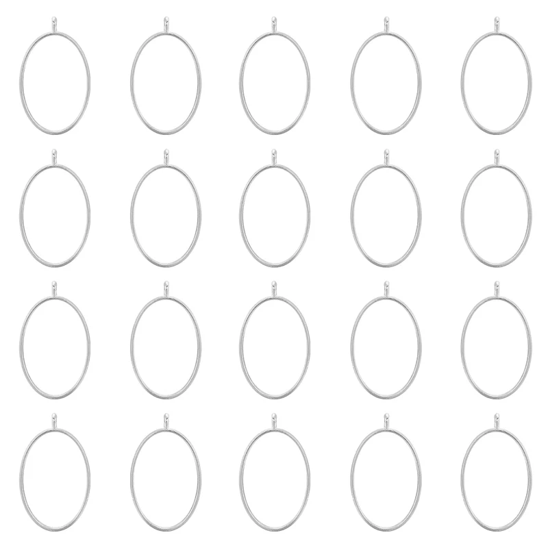 Open Back Bezel Pendants, 50pcs Oval Hollow Frame Pendant (Bright Silver)