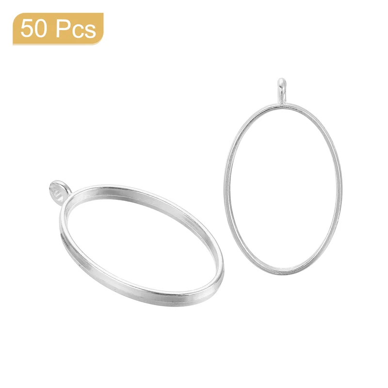 Open Back Bezel Pendants, 50pcs Oval Hollow Frame Pendant (Bright Silver)