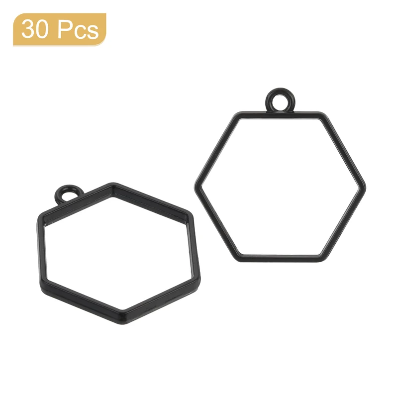 Open Back Bezel Pendants, 30pcs Hexagon Hollow Frame Pendant (Black)