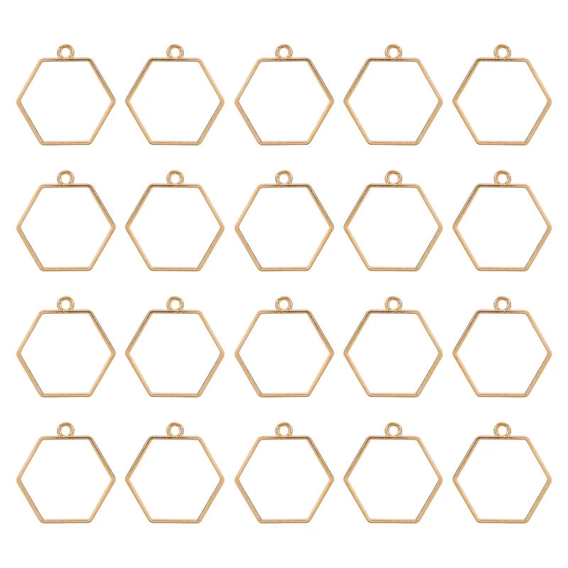 Open Back Bezel Pendants, 30pcs Hexagon Hollow Frame Pendant (K Gold)