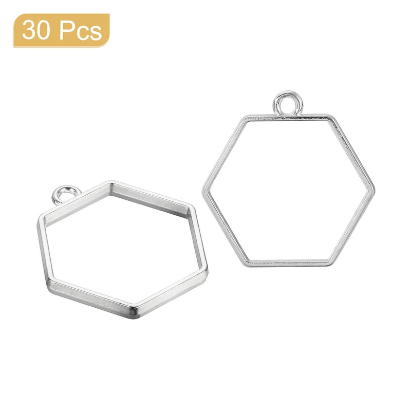 30Set, Open Back Bezel Pendants Hexagon Hollow Frame Pendant (Silver)
