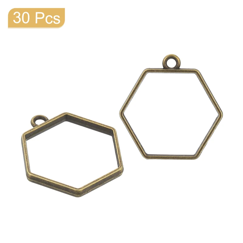 Open Back Bezel Pendants, 30pcs Hexagon Hollow Frame Pendant (Bronze)
