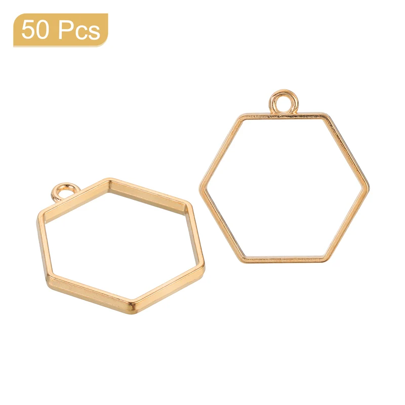 Open Back Bezel Pendants, 50pcs Hexagon Hollow Frame Pendant (K Gold)