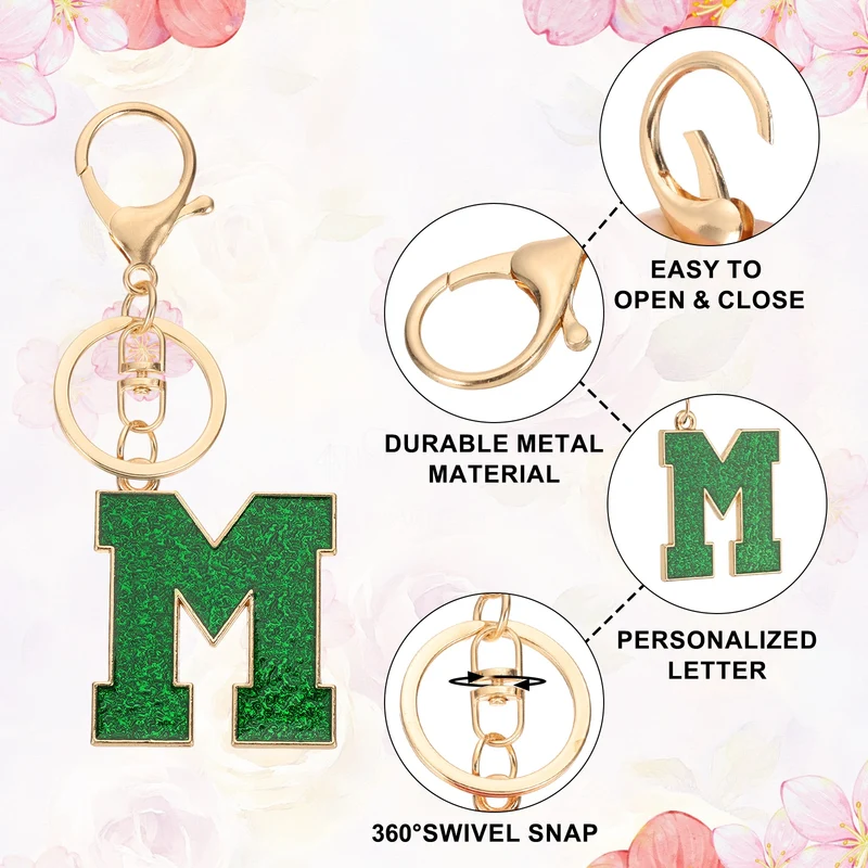 Initial Letter Keychain, A-Z Alphabet Keyring Letter m Metal Key Chain, Green