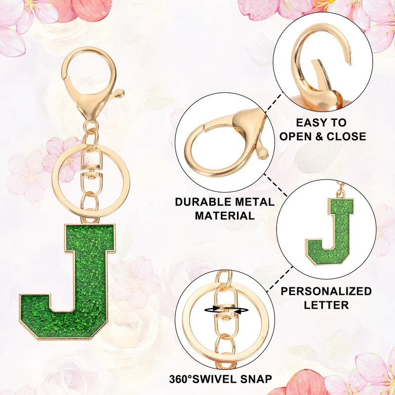 Initial Letter Keychain, A-Z Alphabet Keyring Letter J Metal Key Chain, Green