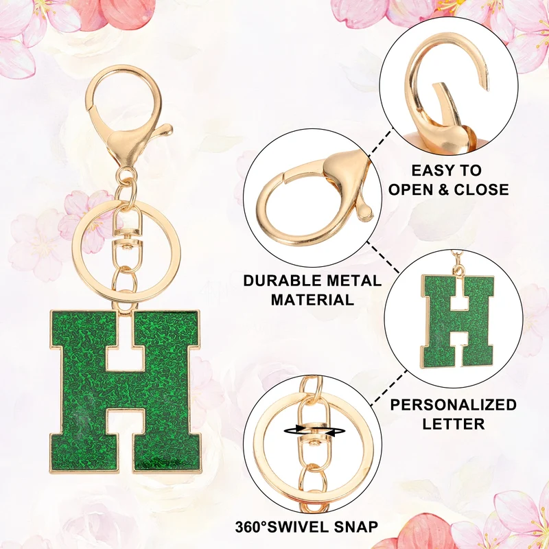 Initial Letter Keychain, A-Z Alphabet Keyring Letter H Metal Key Chain, Green