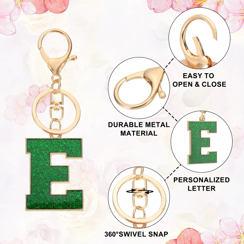 Initial Letter Keychain, A-Z Alphabet Keyring Letter E Metal Key Chain, Green