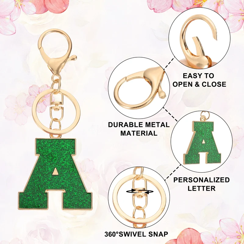 Initial Letter Keychain, A-Z Alphabet Keyring Letter A Metal Key Chain, Green