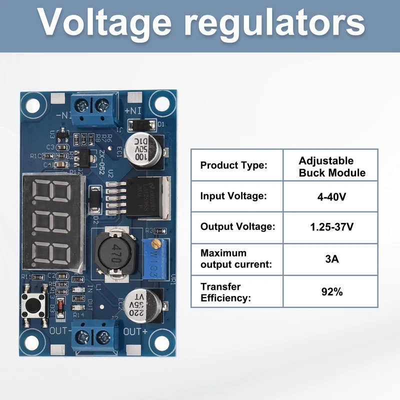 DC-DC Buck Converter Voltage Regulator Adjustable Buck Module LM 2596 with LED Display Voltmeter 4-40V to 1.25-37V 3A 1 Pcs