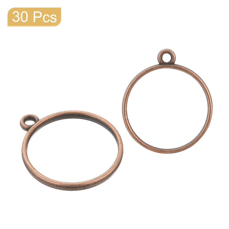 Open Back Bezel Pendants, 30pcs Round Hollow Frame Pendant (Red Bronze)
