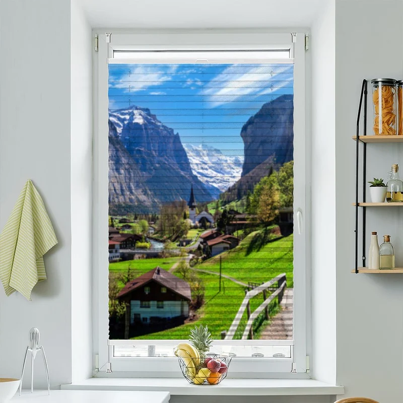 Wabenplissee Motiv "Bergdorf Schweiz Wasserfall"