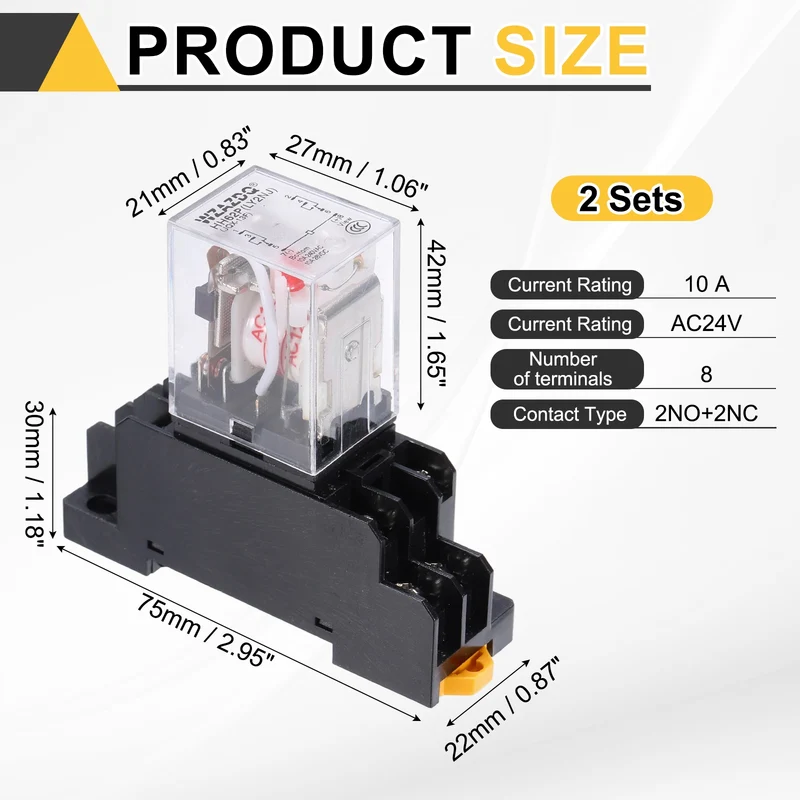 2Set AC24V Relay 8 Pin 10A DIN Rail Electromagnetic Power Relay