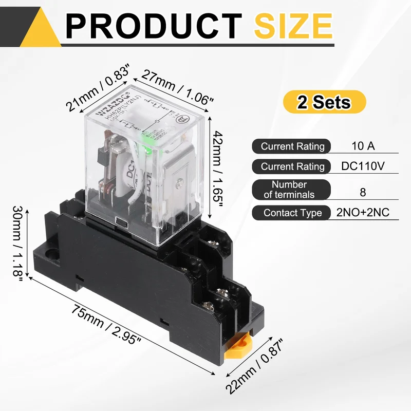 2Set DC110V Relay 8 Pin 10A DIN Rail Electromagnetic Power Relay