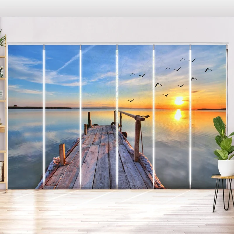 Schiebegardine Motiv "Steg See Sonnenuntergang"