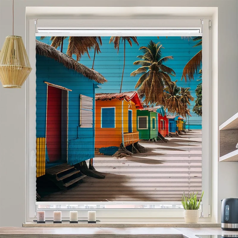 Wabenplissee Motiv "Strandhaus Meer Palmen"