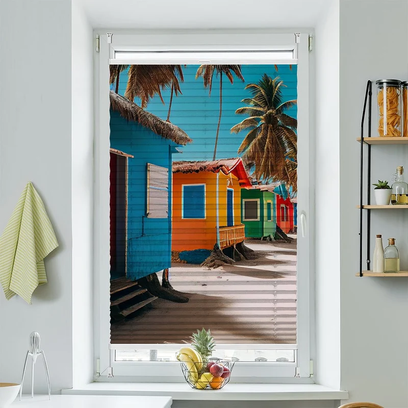 Wabenplissee Motiv "Strandhaus Meer Palmen"