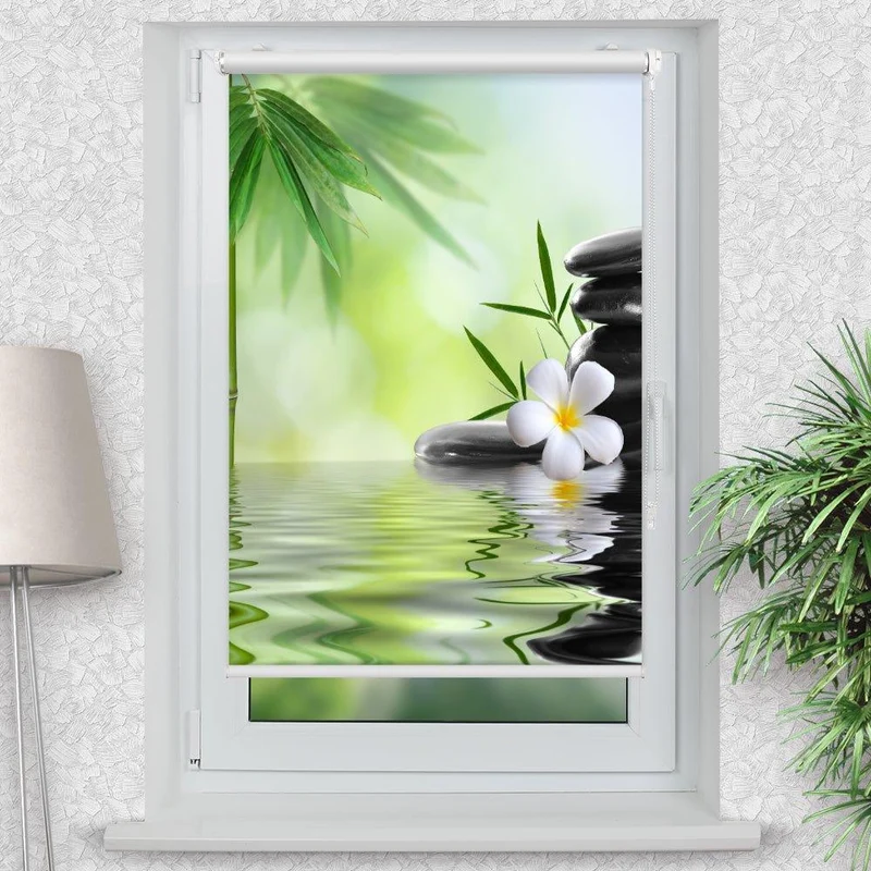 Klemmfix Rollo "Steine Frangipani Wasser Bambus" | Motiv-Klemmrollo