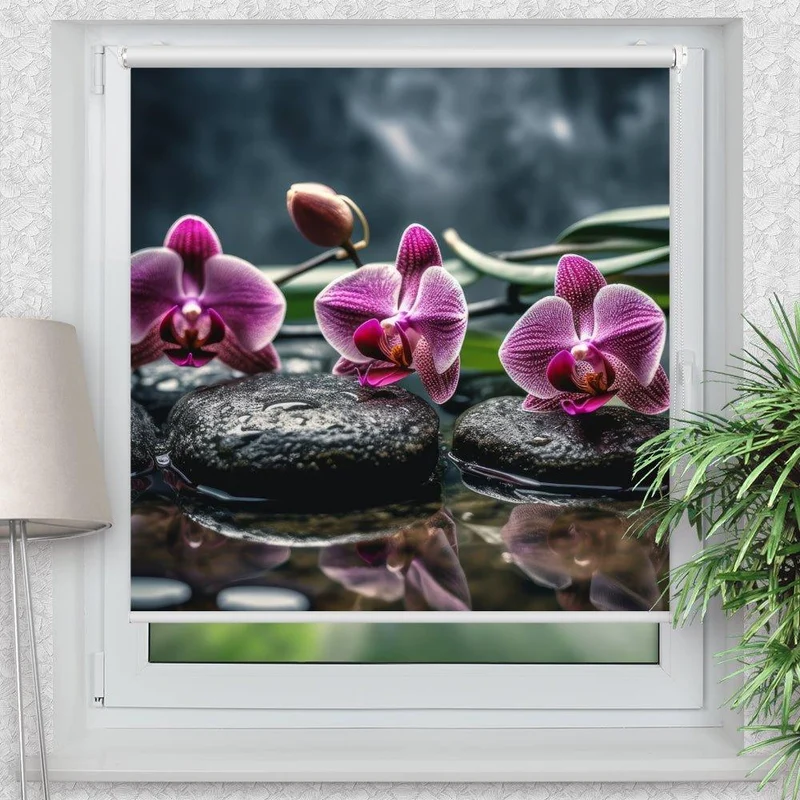 Klemmfix Rollo "Orchideen Pink Steine Wasser" | Motiv-Klemmrollo