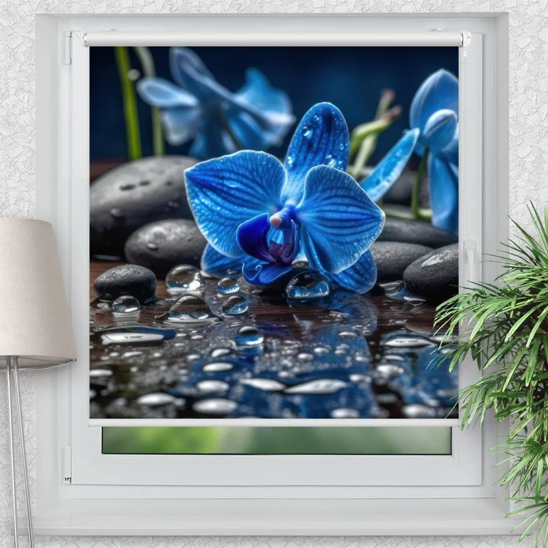 Klemmfix Rollo "Orchidee Blau Wasser Tropfen Steine" | Motiv-Klemmrollo