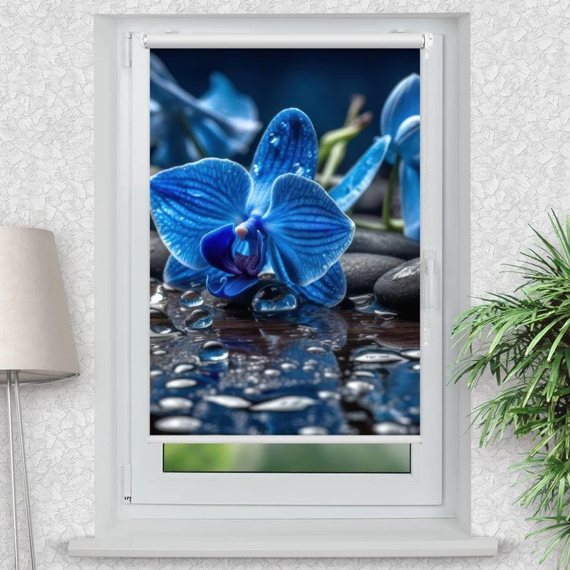 Klemmfix Rollo "Orchidee Blau Wasser Tropfen Steine" | Motiv-Klemmrollo