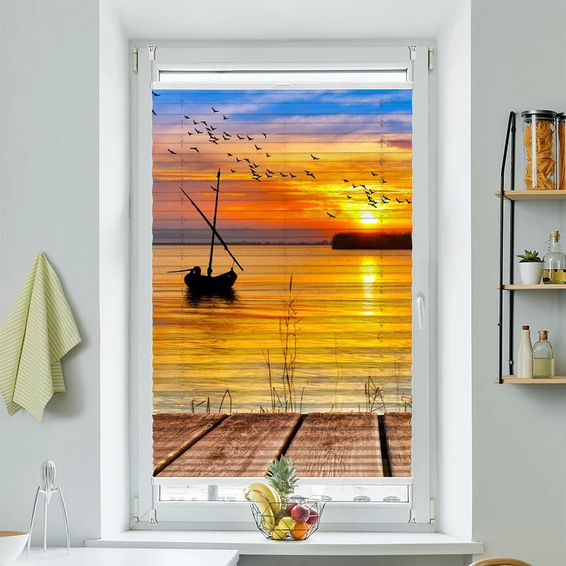 Wabenplissee Motiv "Segelboot Sonnenuntergang Steg"