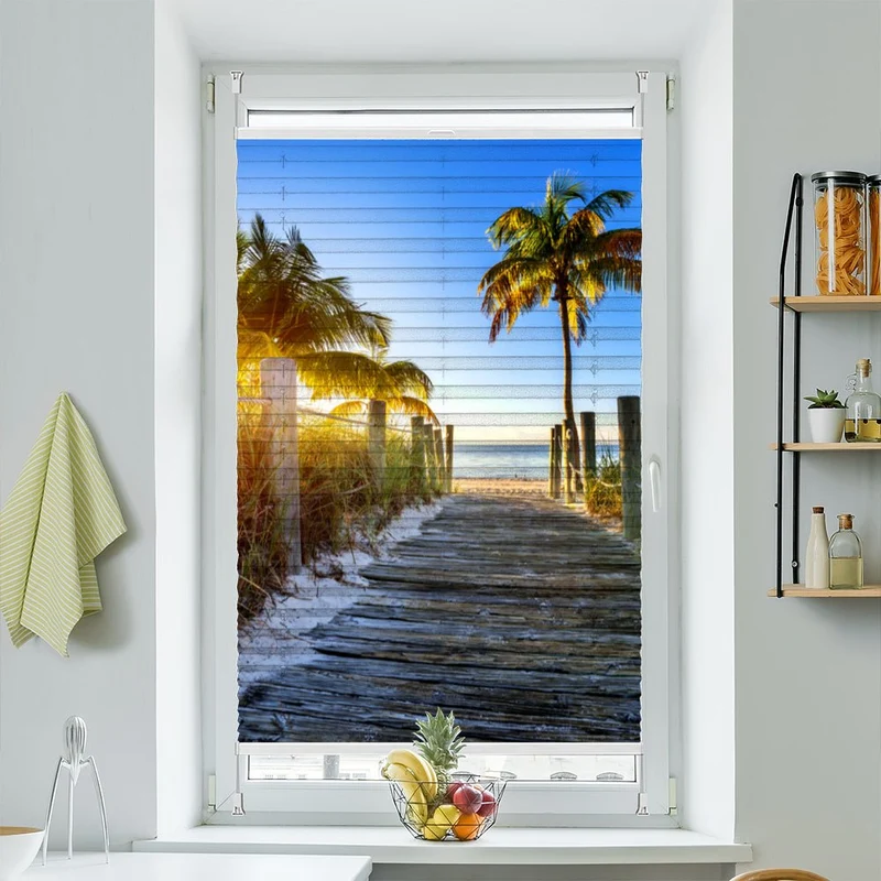 Wabenplissee Motiv "Miami Sonnenuntergang Palmen"