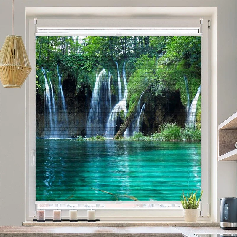 Wabenplissee Motiv "Wald See Wasserfall"