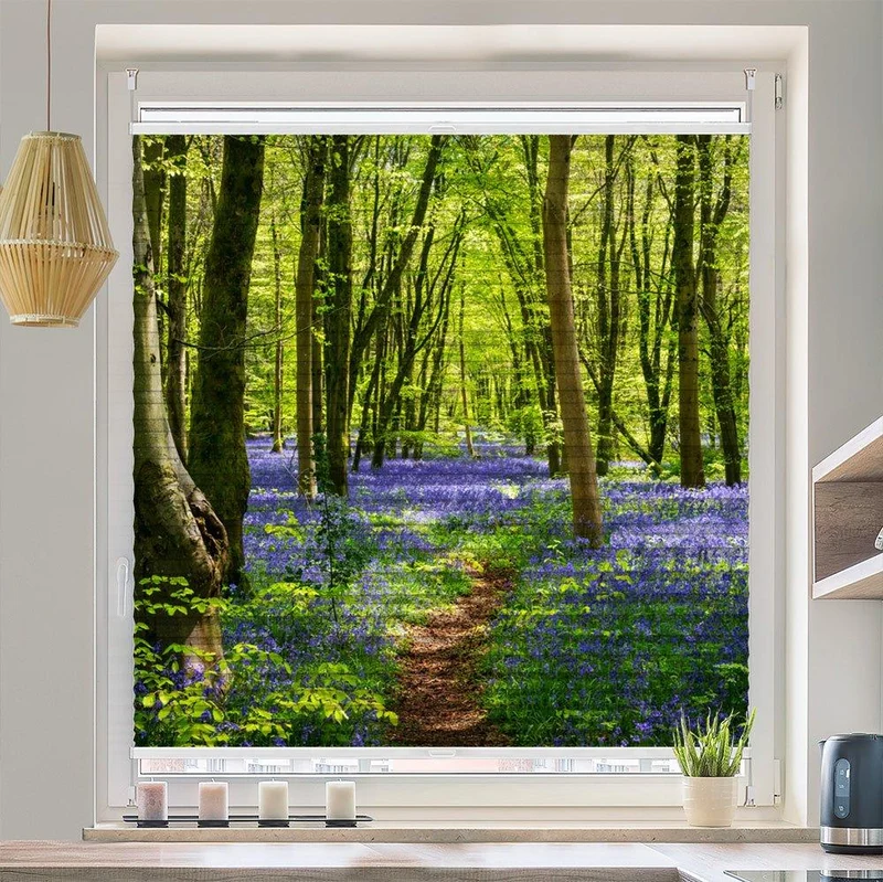 Wabenplissee Motiv "Wald Baeume Glockenblumen"