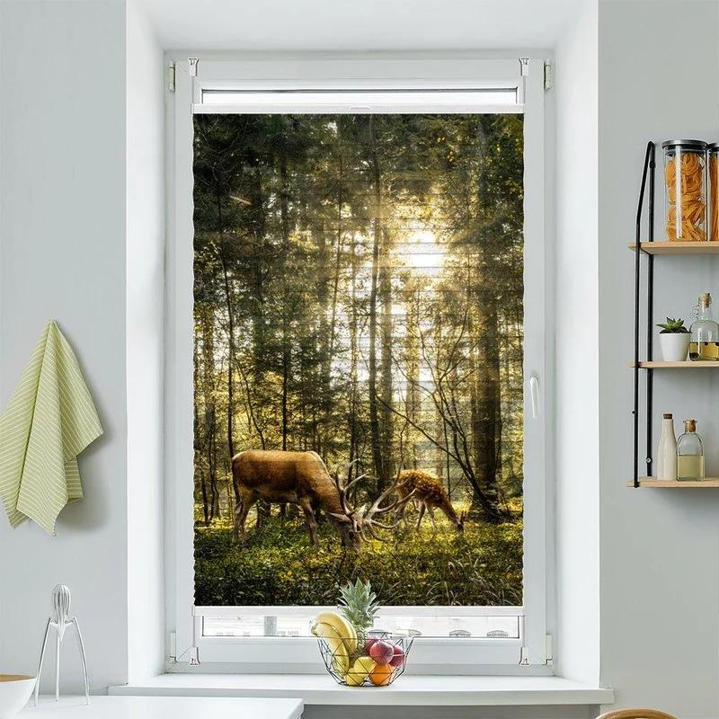 Wabenplissee Motiv "Hirsch Reh Wald Sonne"