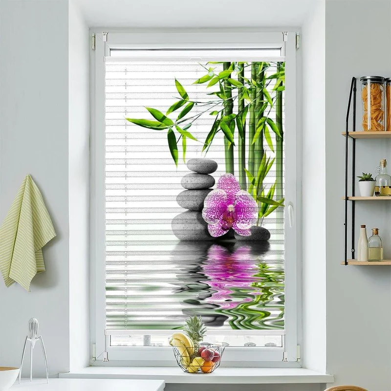 Wabenplissee Motiv "Bambus Wasser Steinturm Orchidee"