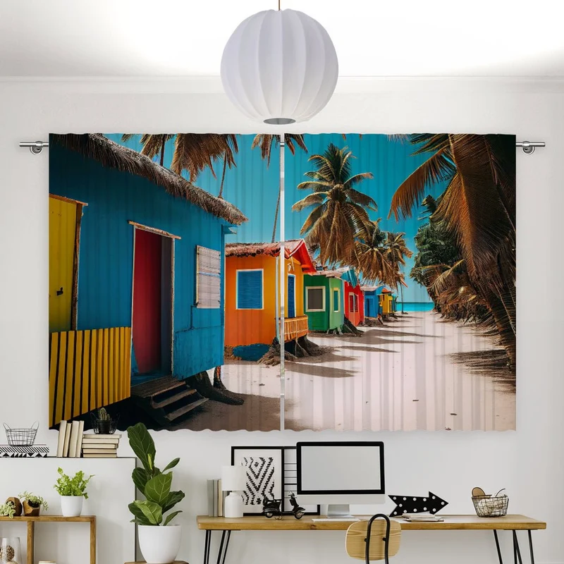 Vorhang Motiv "Strandhaus Meer Palmen Weg"