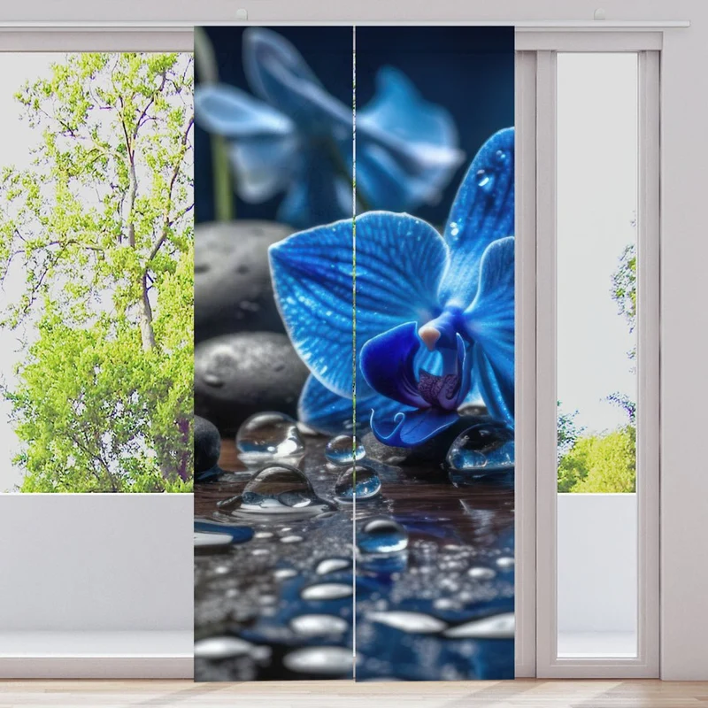 Schiebegardine Motiv "Blaue Orchidee zen stones"