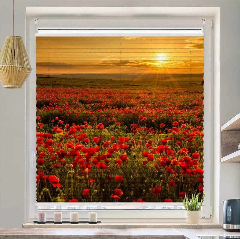 Wabenplissee Motiv "Mohnfeld Sonnenuntergang"