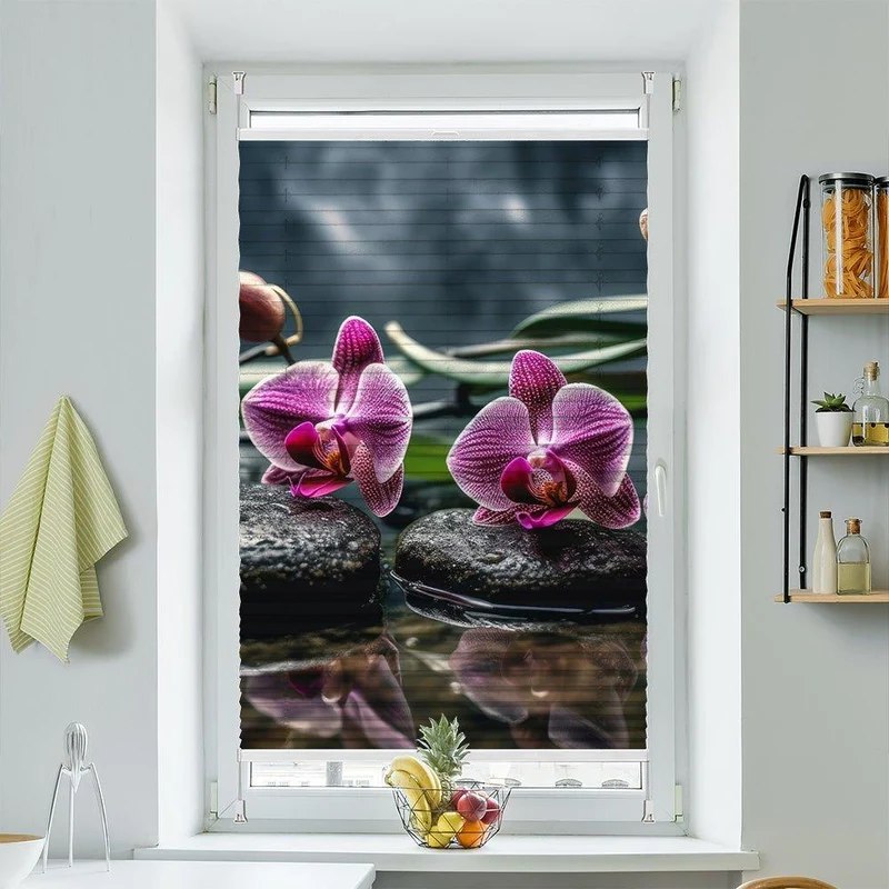 Wabenplissee Motiv "Orchideen Pink Steine Wasser"