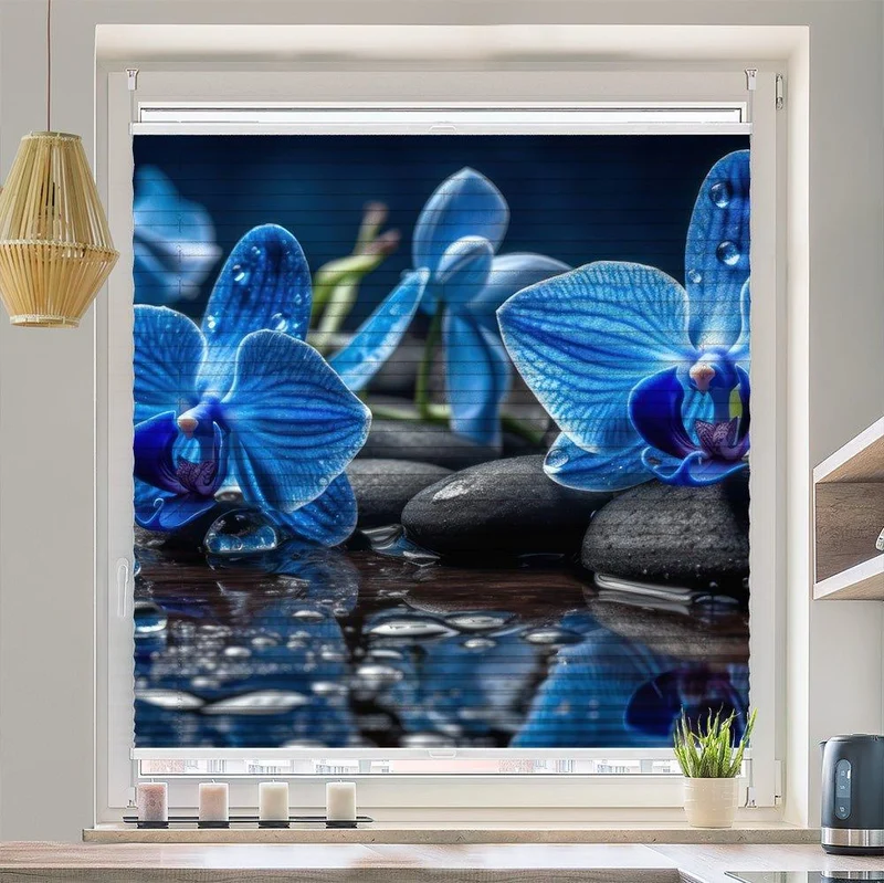 Wabenplissee Motiv "Orchidee Blau Wasser Tropfen Steine"