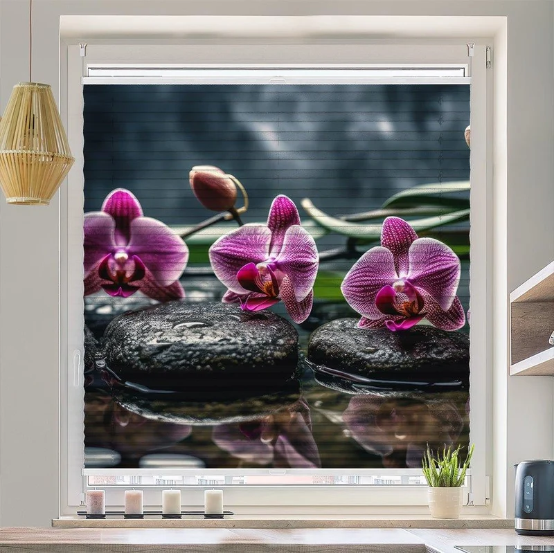 Plissee Motiv "Orchideen Pink Steine Wasser"